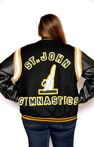 Black and Gold Striped Letterman Jacket with Black Leather Sleeves