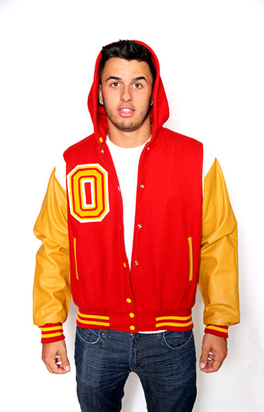 Front view of the Wool varsity jacket with Gold Leather sleeves, Zippered Hood, Leather Shoulder Stripe, 2-color Cuffs and Leather Pocket Trim